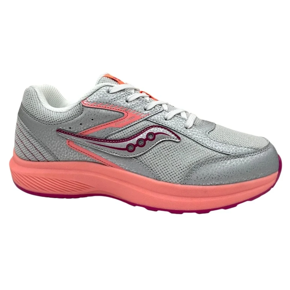 Saucony Cohesion Youth Girls Running Shoe Size 7 (Fits like 6) Wide Silver Coral